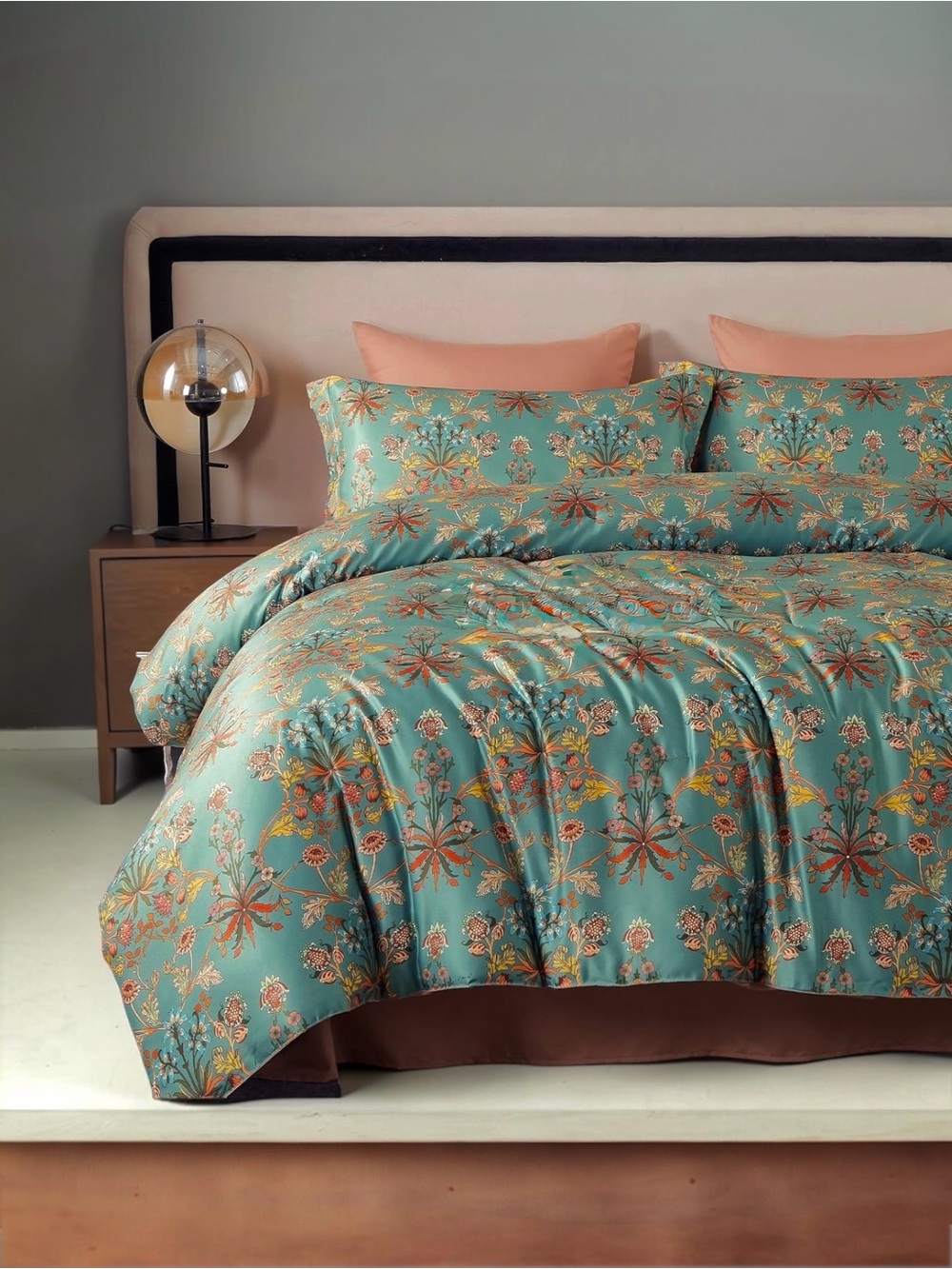 NEW Anthro Blue Orange Boho Cotton Queen / King Bedding Duvet & Floral Sham Set